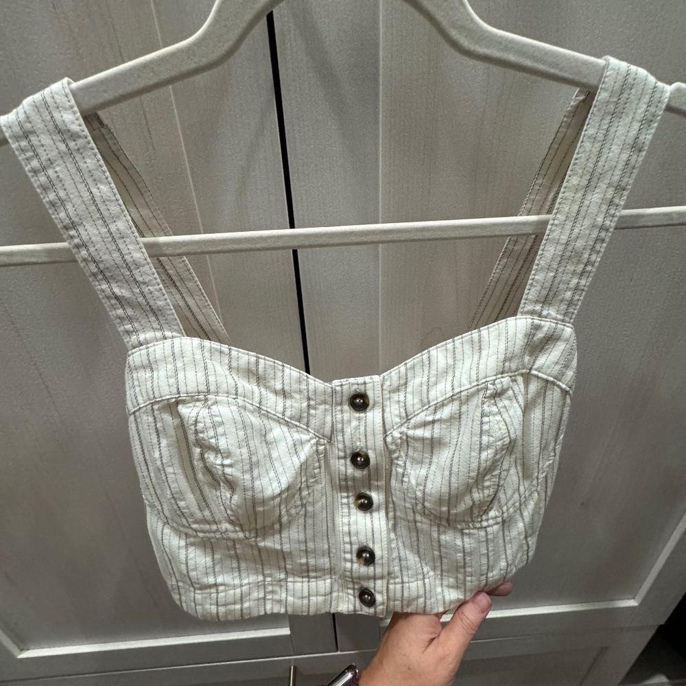 FREE PEOPLE Women's Striped Smocked Crop Button Down Shirt Top White XS